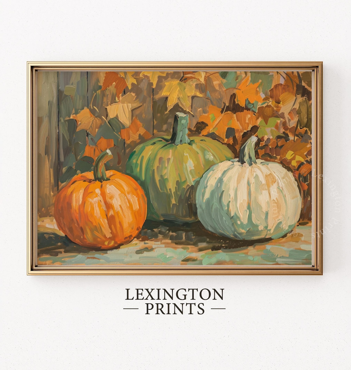 Three Pumpkins Still Life with Autumn Leaves Oil Painting Poster