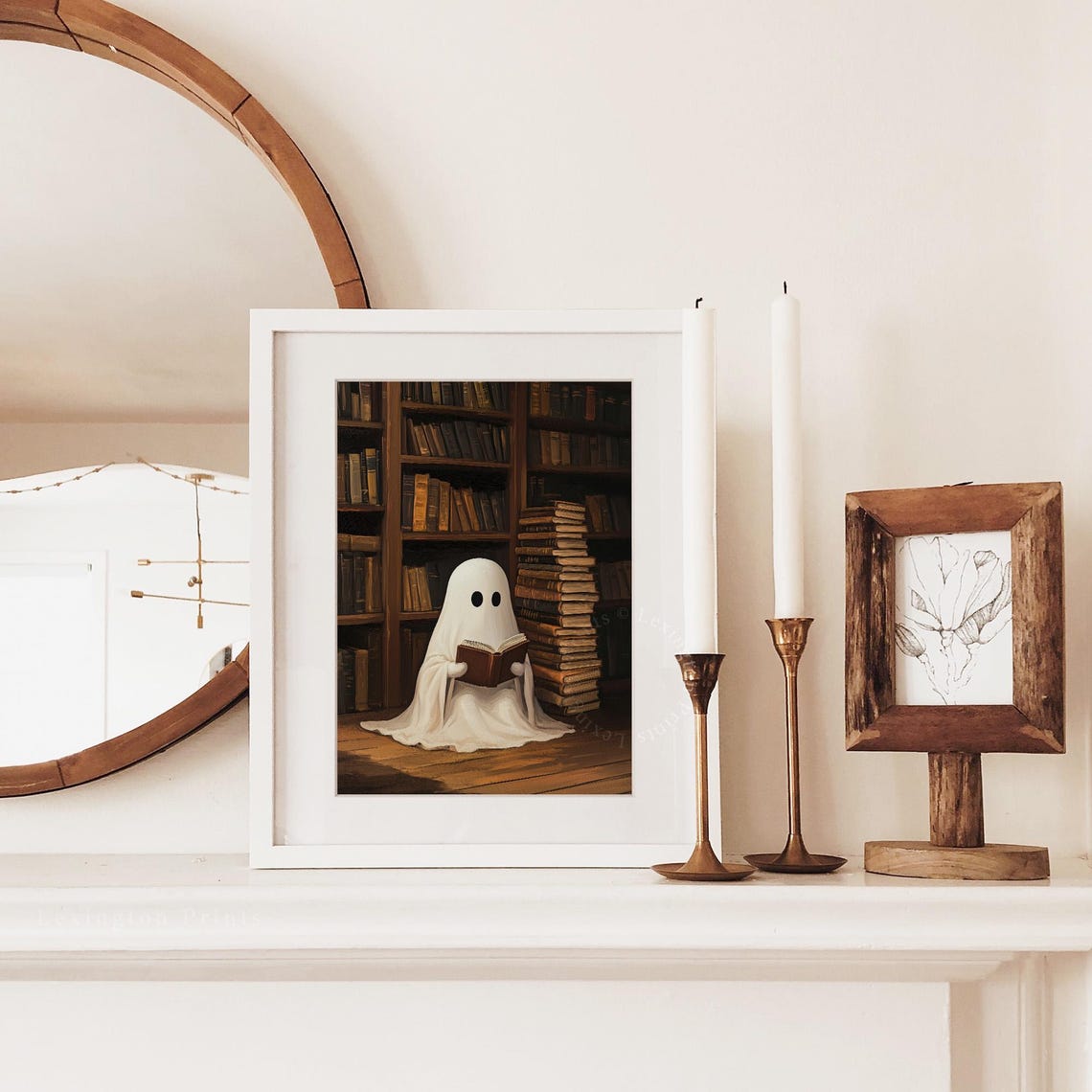 Cute Ghost Reading Book in Cozy Library Vintage Halloween Wall Art - Image 5