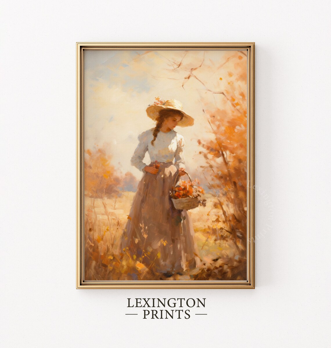 Woman with Flower Basket in Golden Autumn Field Romantic Fall Poster - Image 3