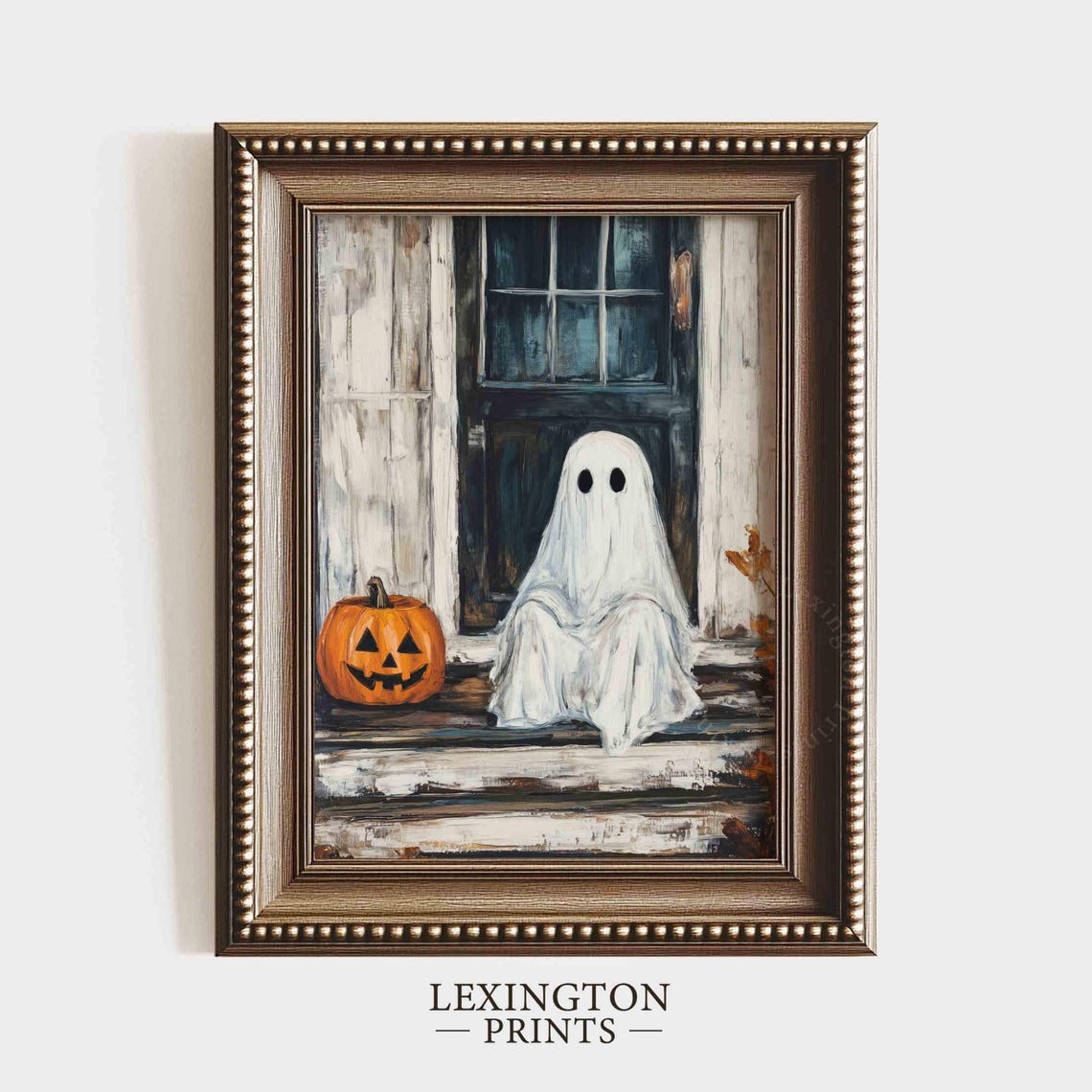Ghost Sitting on Porch Steps with Jack-o-Lantern Halloween Poster - Image 4
