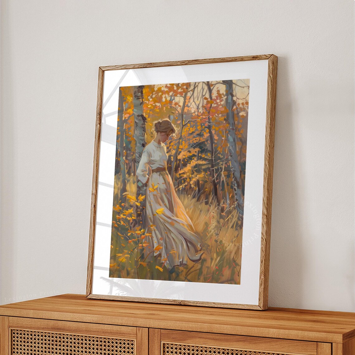 Woman Autumn Birch Forest Golden Vintage Moody Fall Painting Poster - Image 5
