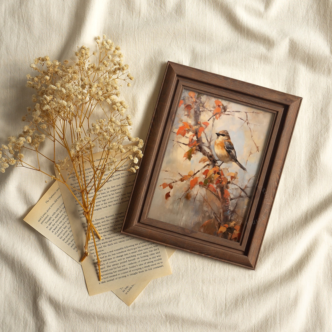 Autumn Songbird Orange Leaves Branch Vintage Bird Painting Poster - Image 3