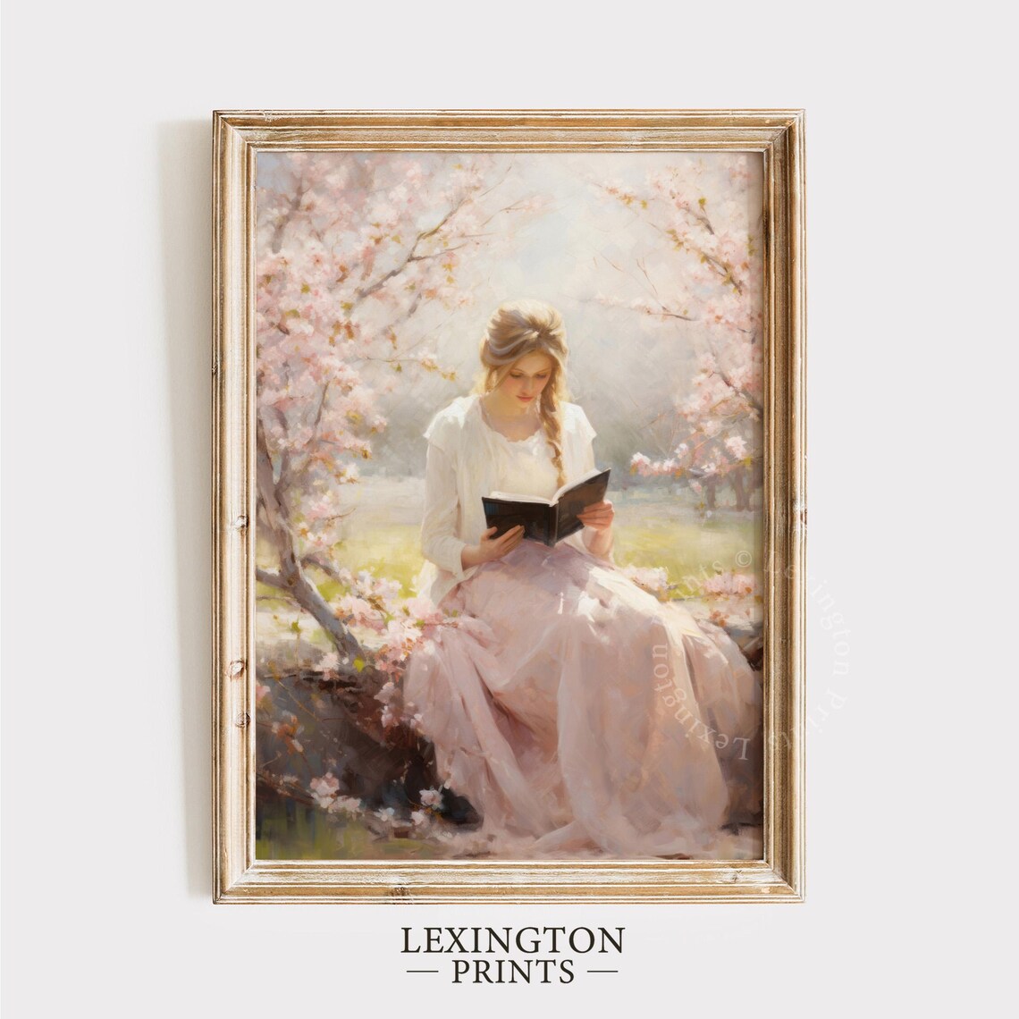 Woman Reading Book under Cherry Blossoms Pink Spring Garden Poster - Image 5