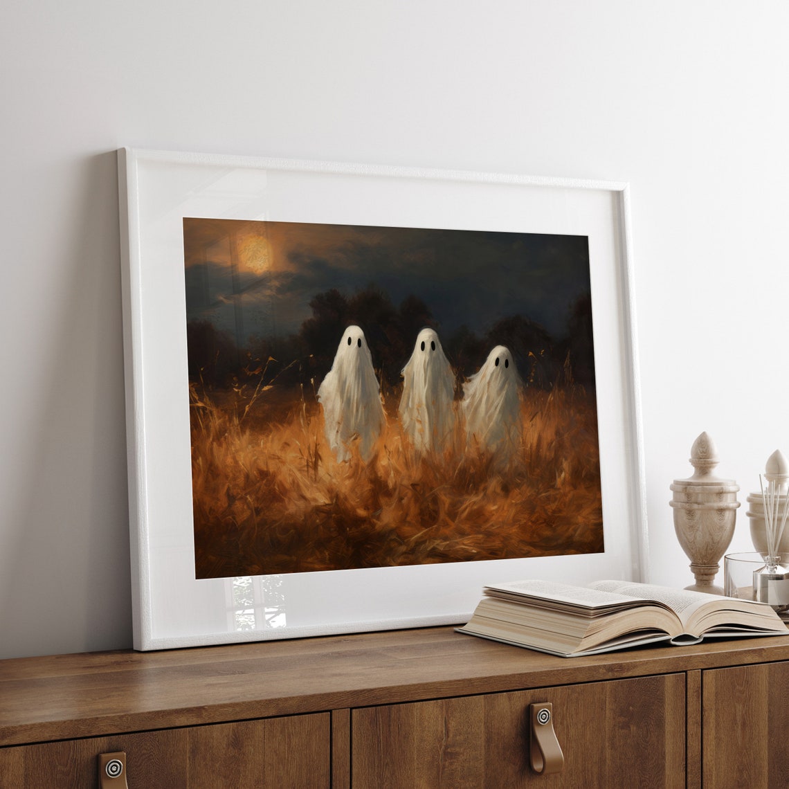 Three Ghosts in Golden Field Under Full Moon Halloween Night Poster - Image 5