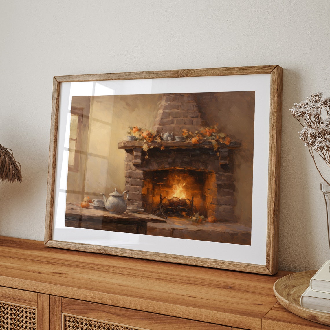 Stone Fireplace with Fire and Autumn Mantel Cozy Fall Interior Poster - Image 7