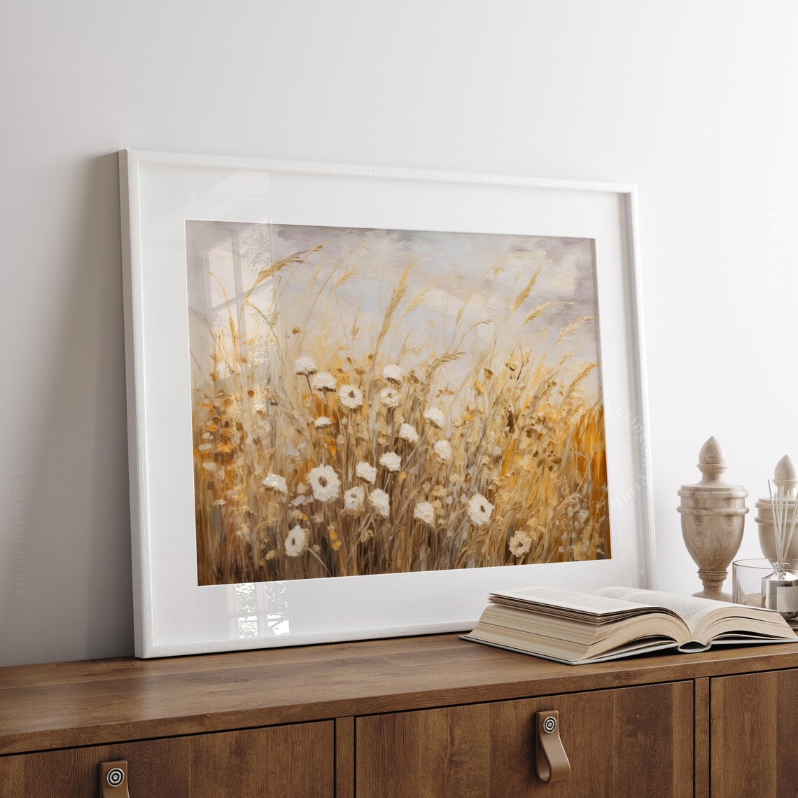 Golden Wheat Field White Wildflowers Impressionist Fall Meadow Painting Poster - Image 7