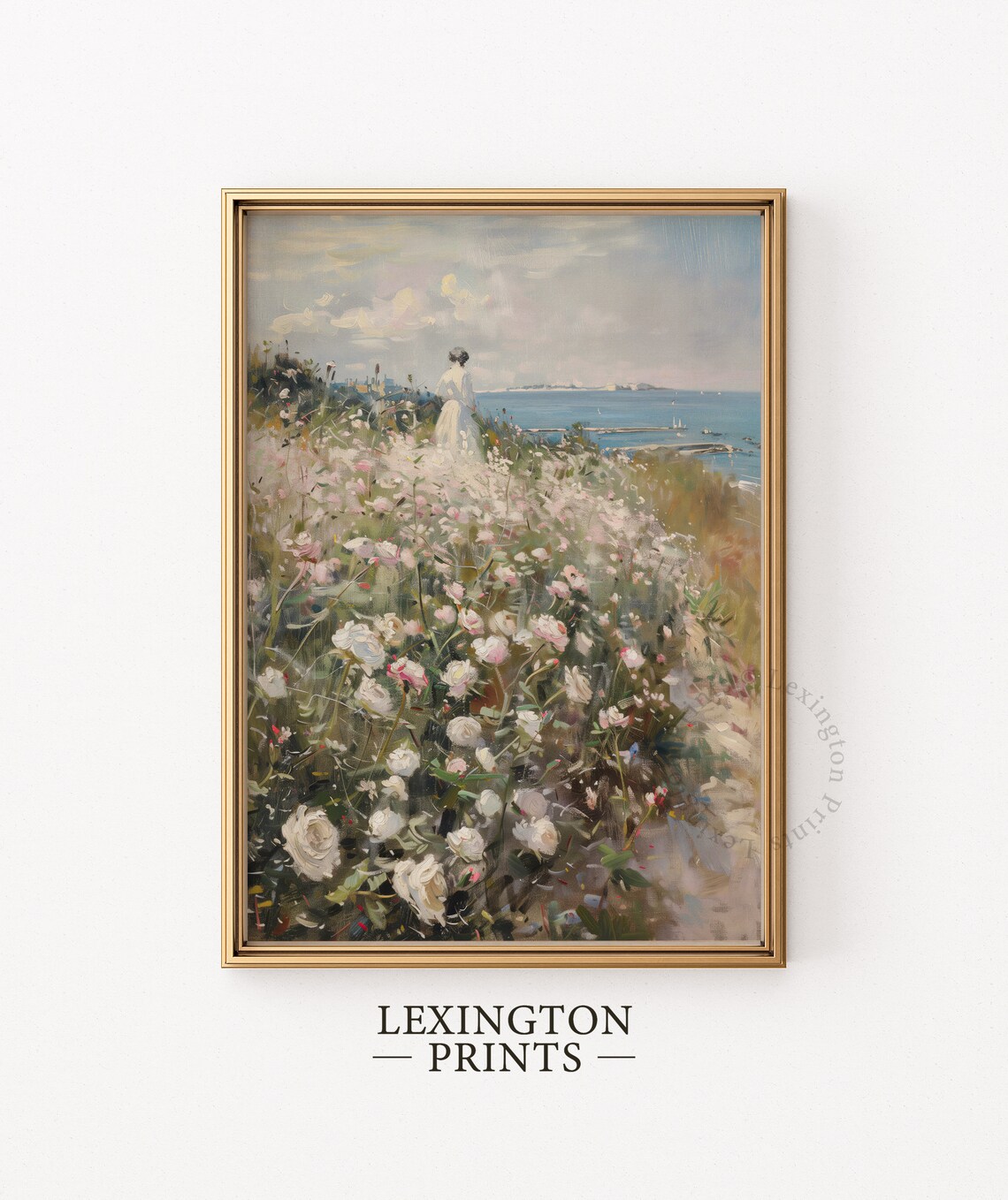 Woman Walking Through Rose Garden by the Sea Romantic Coastal Poster - Image 5