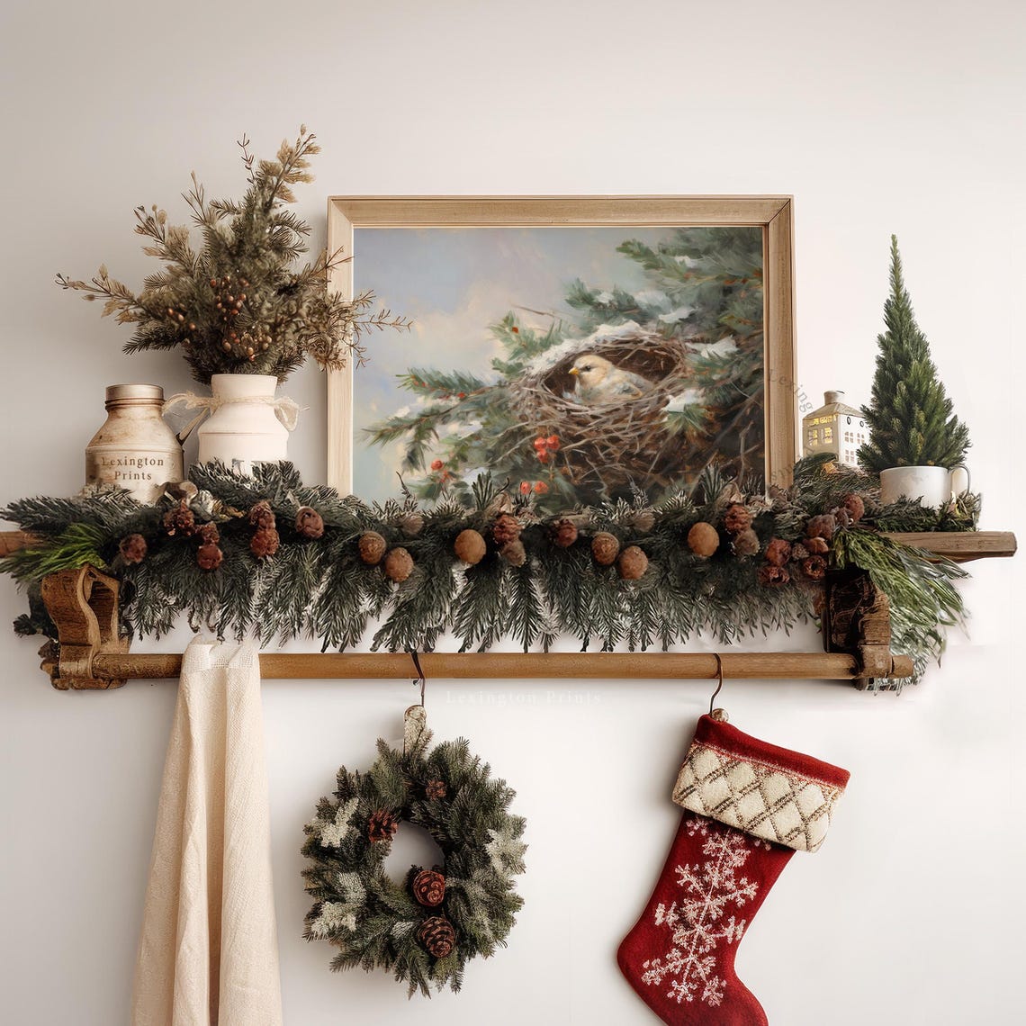 Tiny Cream Bird Resting In Snowy Pine Nest With Red Berries Poster - Image 7