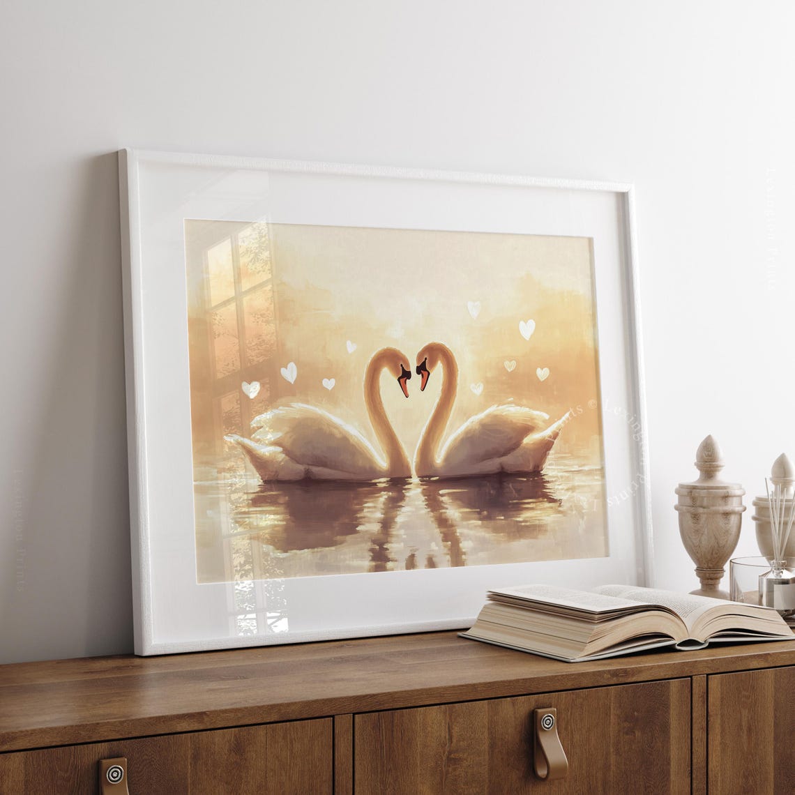 Swan Couple Heart Shape Golden Light Romantic Valentine Bedroom Print - Image 4