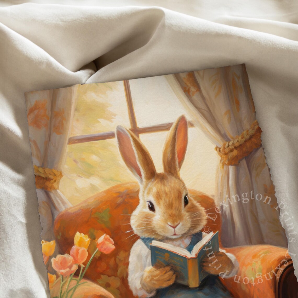 Easter Bunny Reading Book in Armchair with Tulips Vintage Wall Art - Image 7