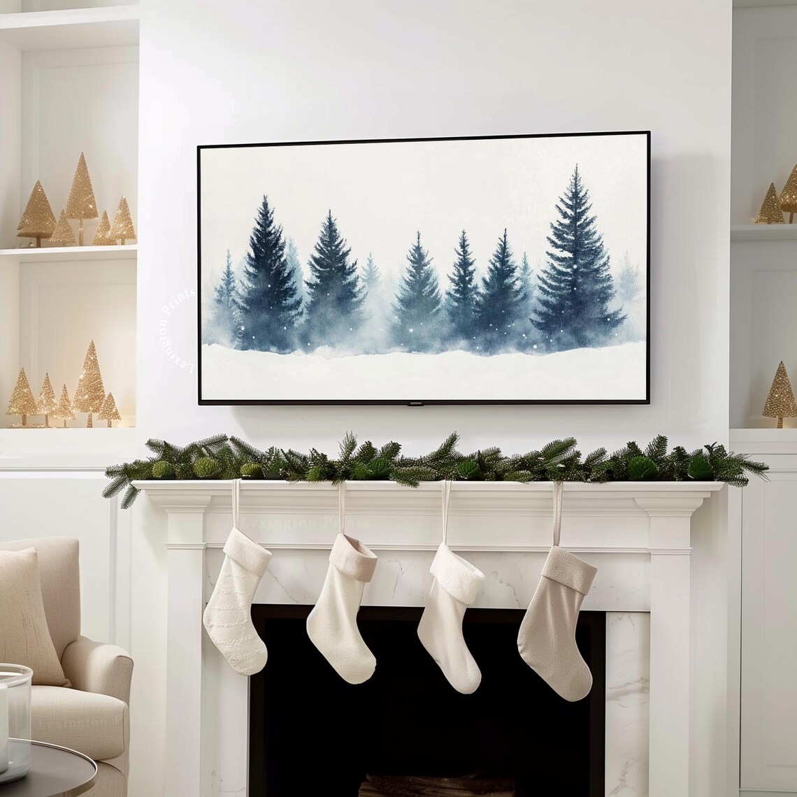 Misty Blue Pine Forest in Snow Minimalist Winter Frame TV Art Print - Image 7