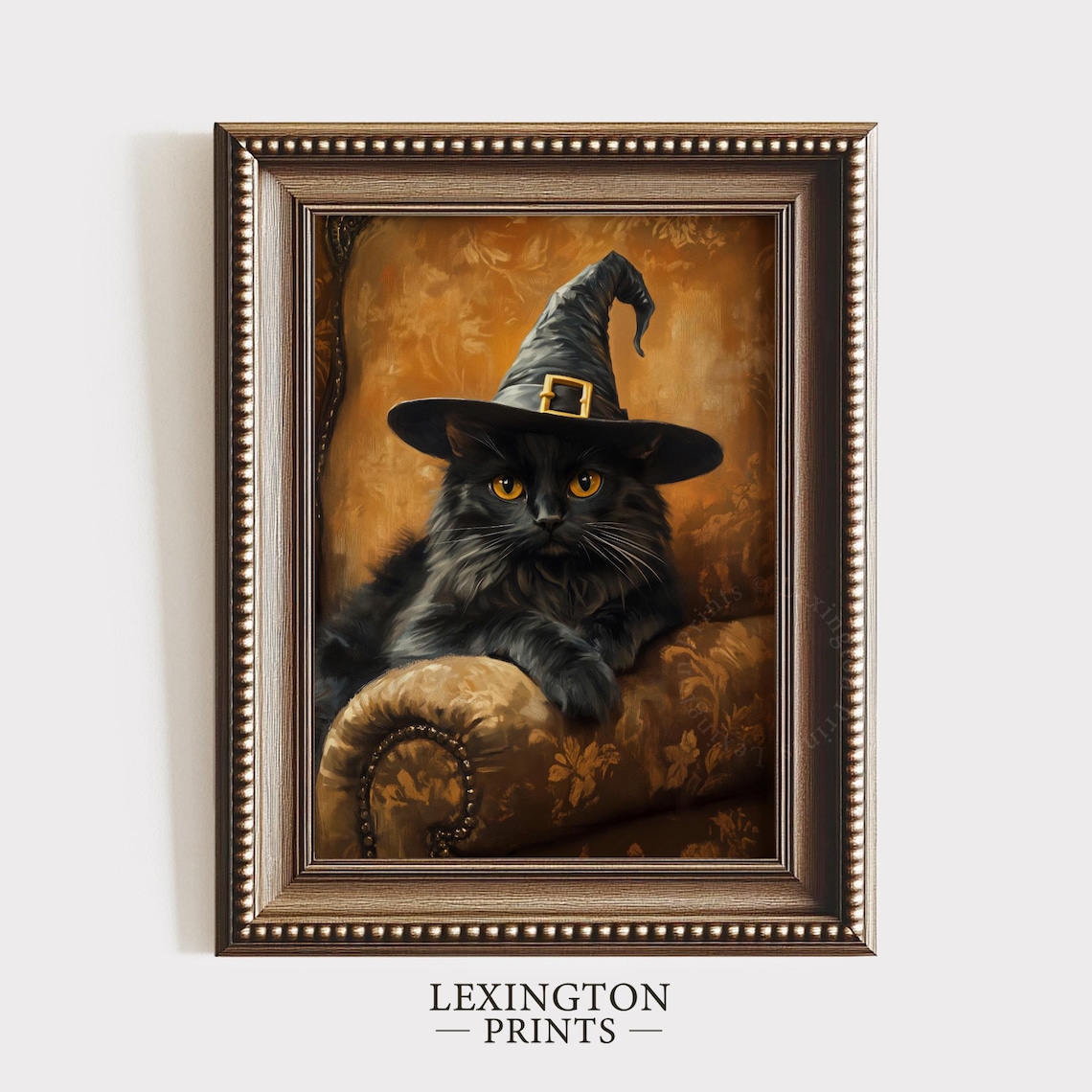 Black Cat Wearing Witch Hat on Velvet Chair Halloween Vintage Wall Art - Image 5