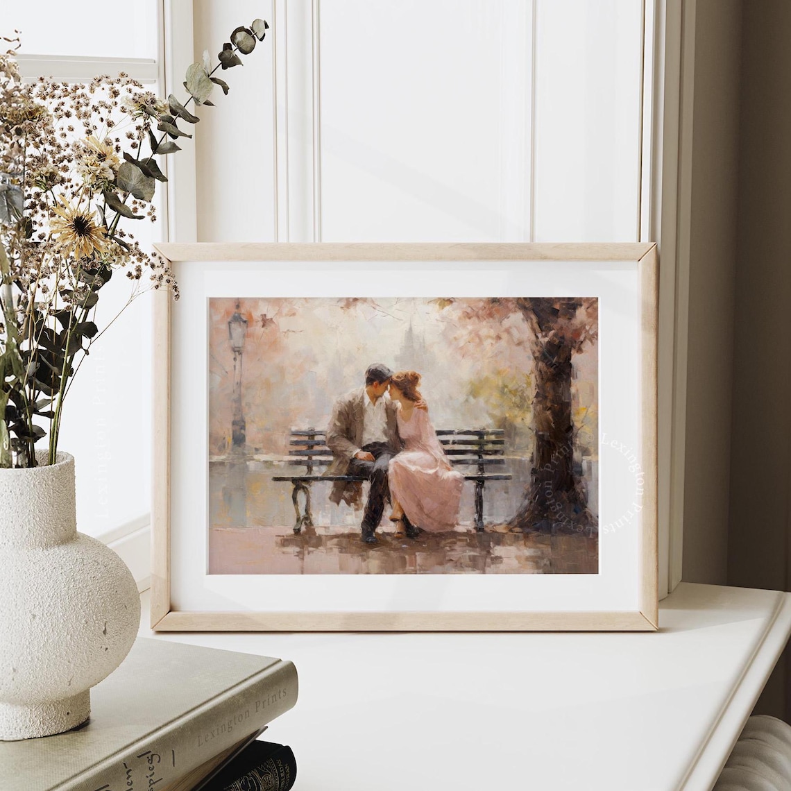 Romantic Couple on Park Bench Under Autumn Tree Watercolor Art Print