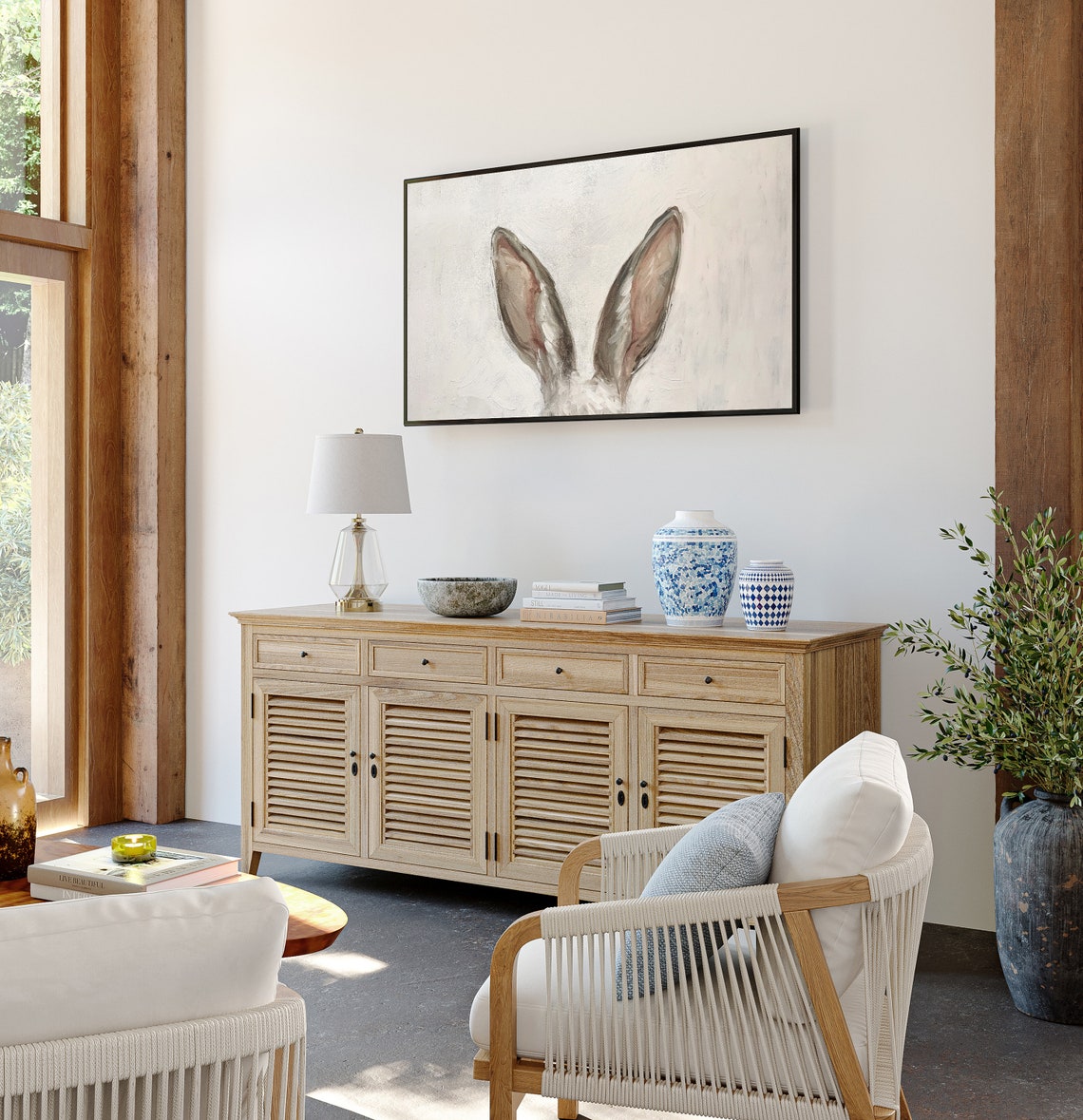 Minimalist Bunny Ears on Cream Background Easter Frame TV Art Poster - Image 2