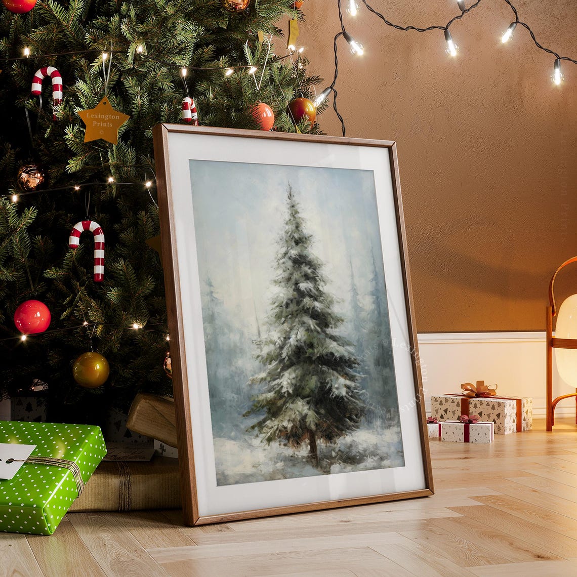 Snowy Pine Tree Winter Forest Foggy Landscape Vintage Painting Poster - Image 8