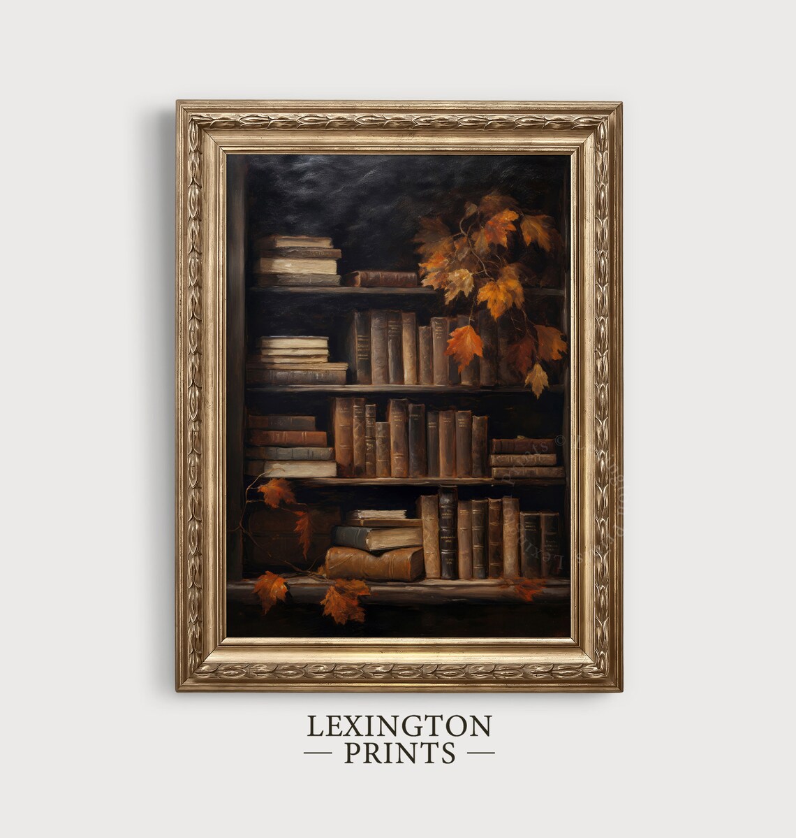 Dark Moody Bookshelf Vintage Books Autumn Maple Leaves Rustic Painting Poster - Image 2