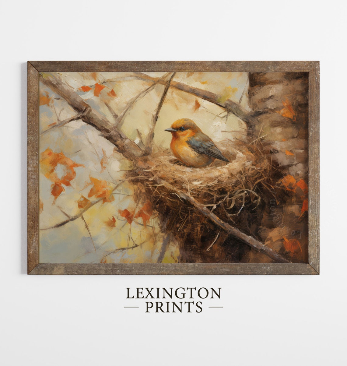 Orange Breasted Bird Resting in Nest Among Autumn Branches Poster - Image 8
