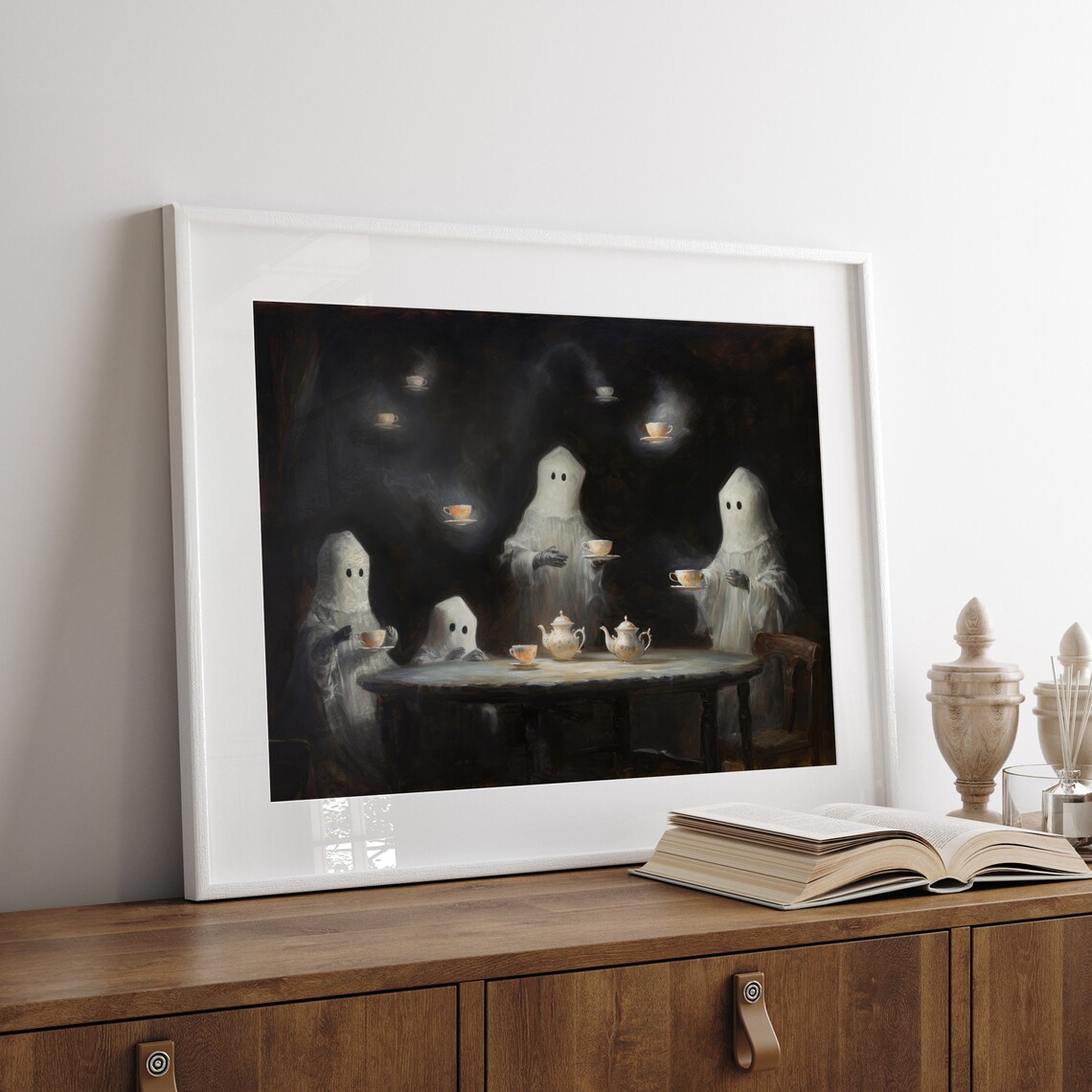 Cute Ghosts Tea Party Spooky Friends Vintage Style Halloween Wall Art - Image 4