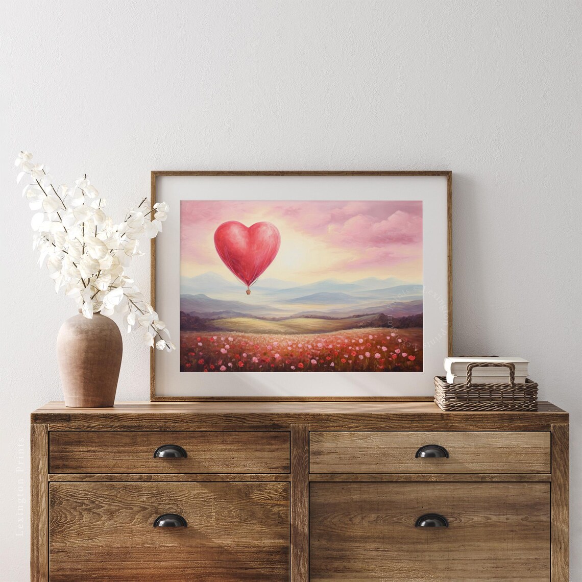 Red Heart Hot Air Balloon Floating Over Pink Flower Field Art Print - Image 4
