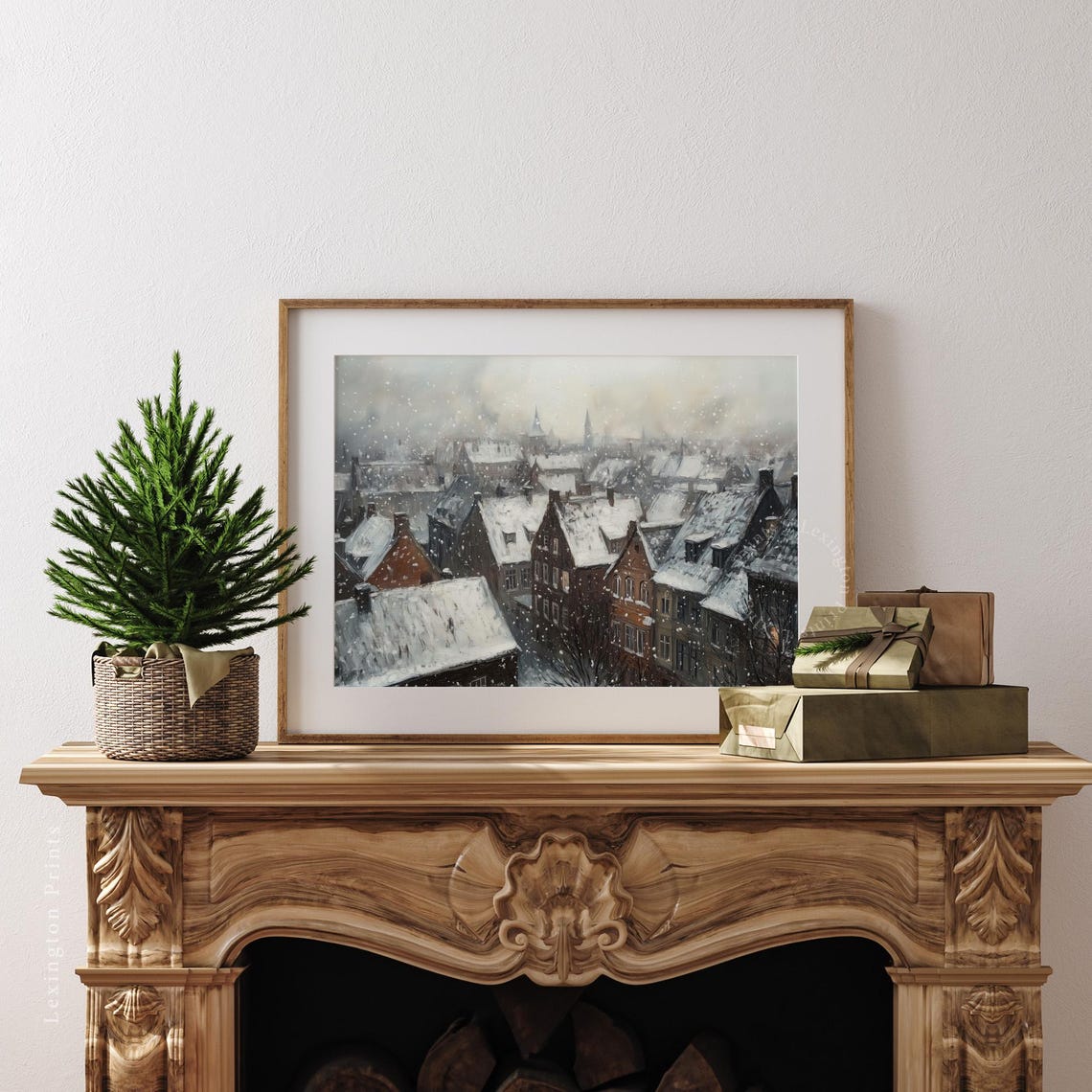 Snowy Old Village Rooftops in Winter Impressionist Scene Poster - Image 3