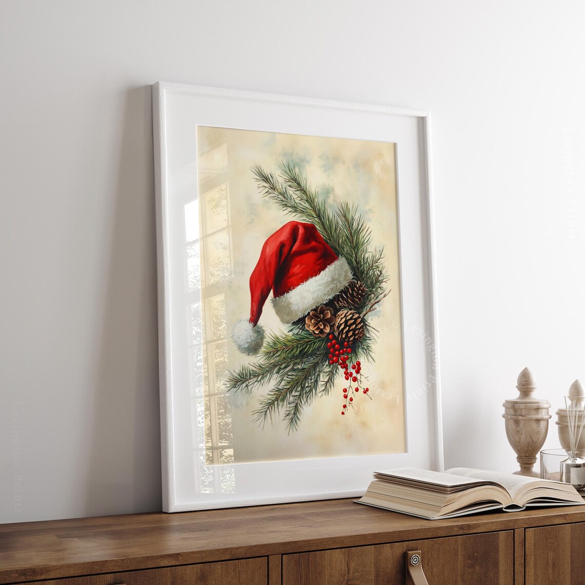 Santa Hat with Pine Branches and Pinecones Christmas Painting Poster - Image 3