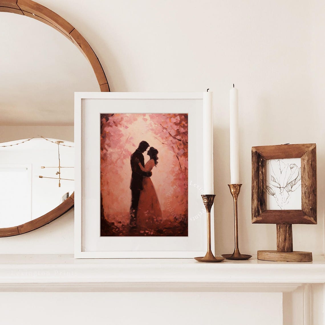 Romantic Couple Silhouette Embracing in Pink Blossom Trees Poster - Image 3
