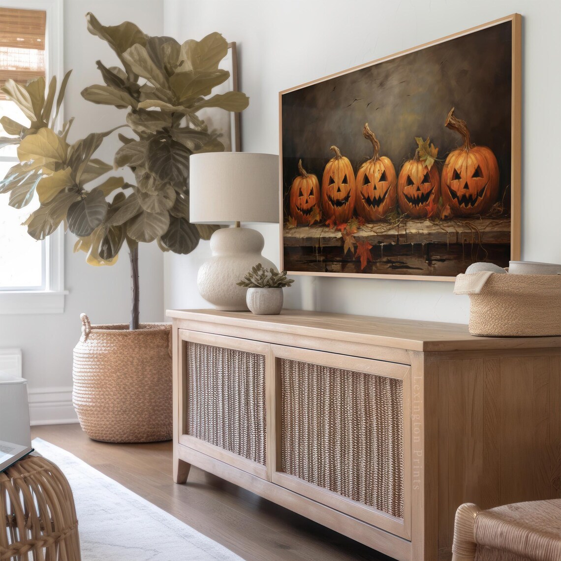 Five Jack O Lanterns Row Carved Pumpkins Wooden Ledge Halloween Frame TV Art Poster - Image 3