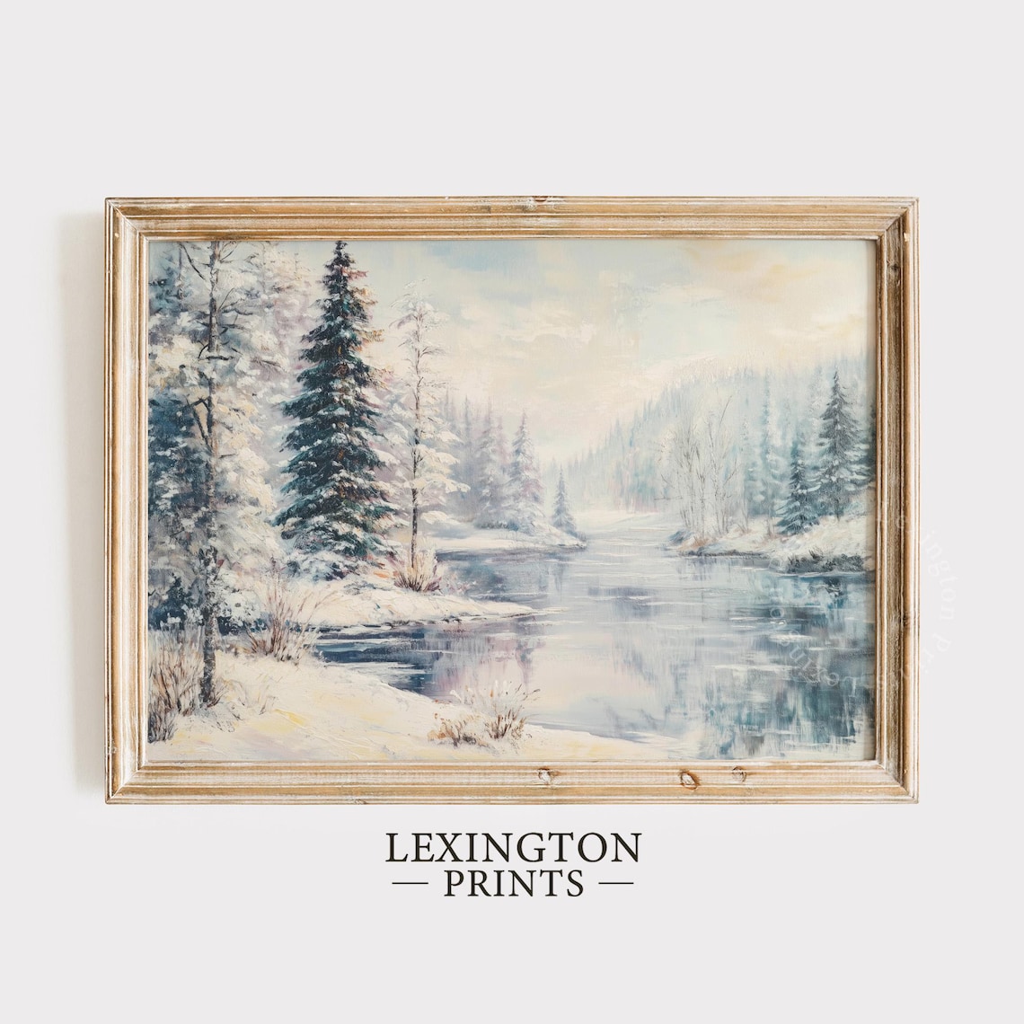 Frozen Lake Evergreen Forest Snowy Winter Landscape Painting Poster - Image 8