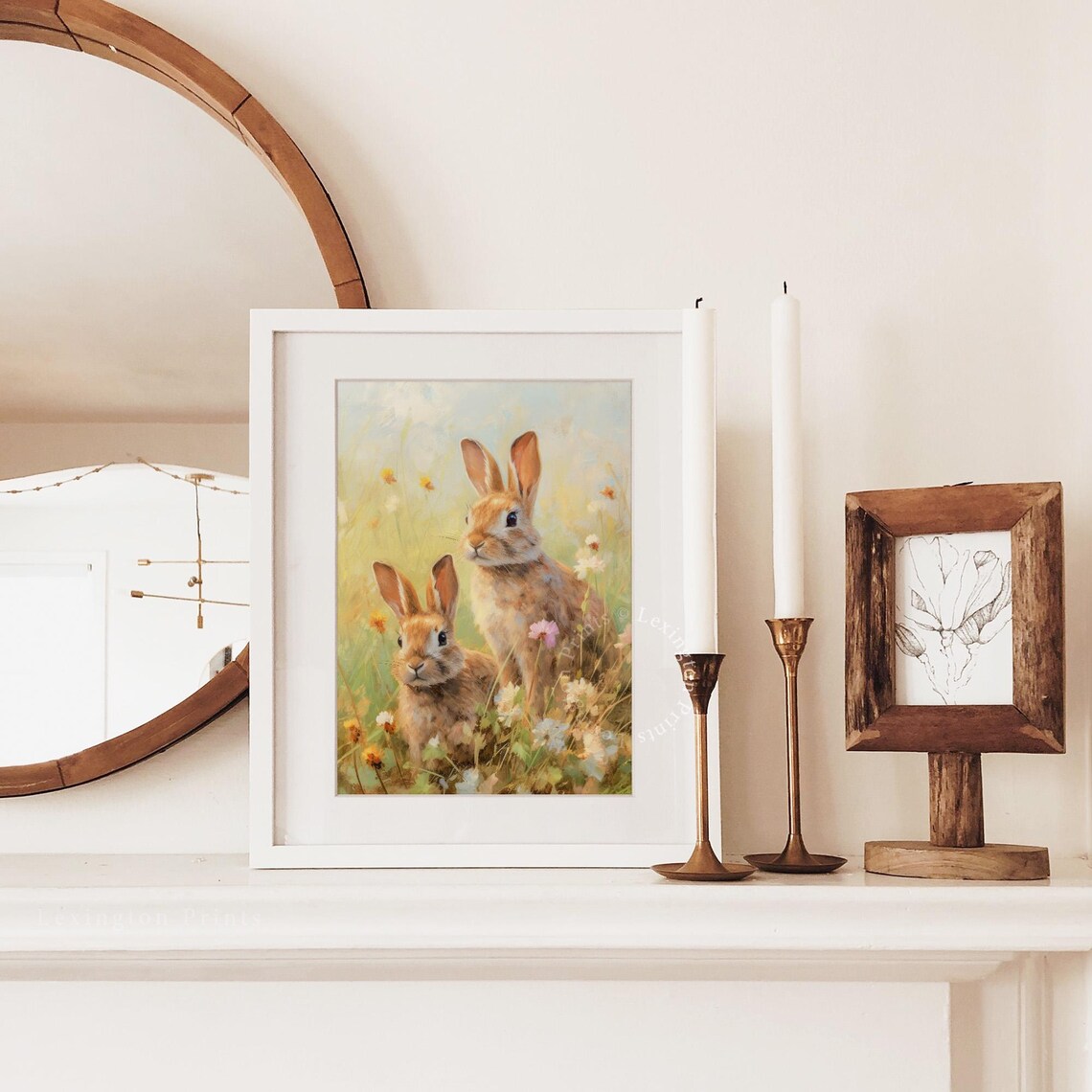 Two Bunnies in a Wildflower Meadow Vintage Spring Farmhouse Wall Art - Image 3