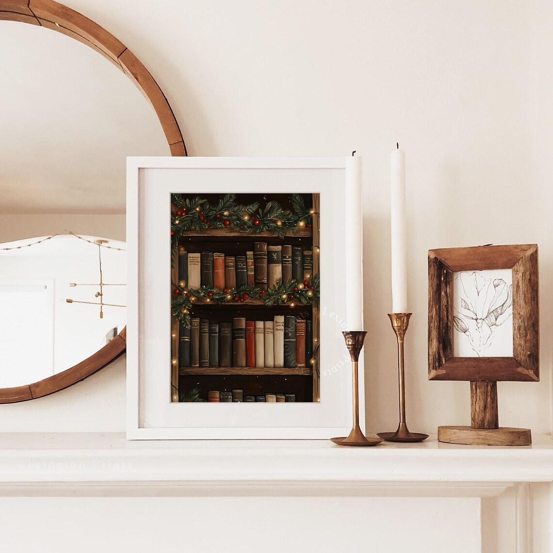 Christmas Bookshelf With Pine Garland And Twinkle Lights Cozy Poster - Image 6