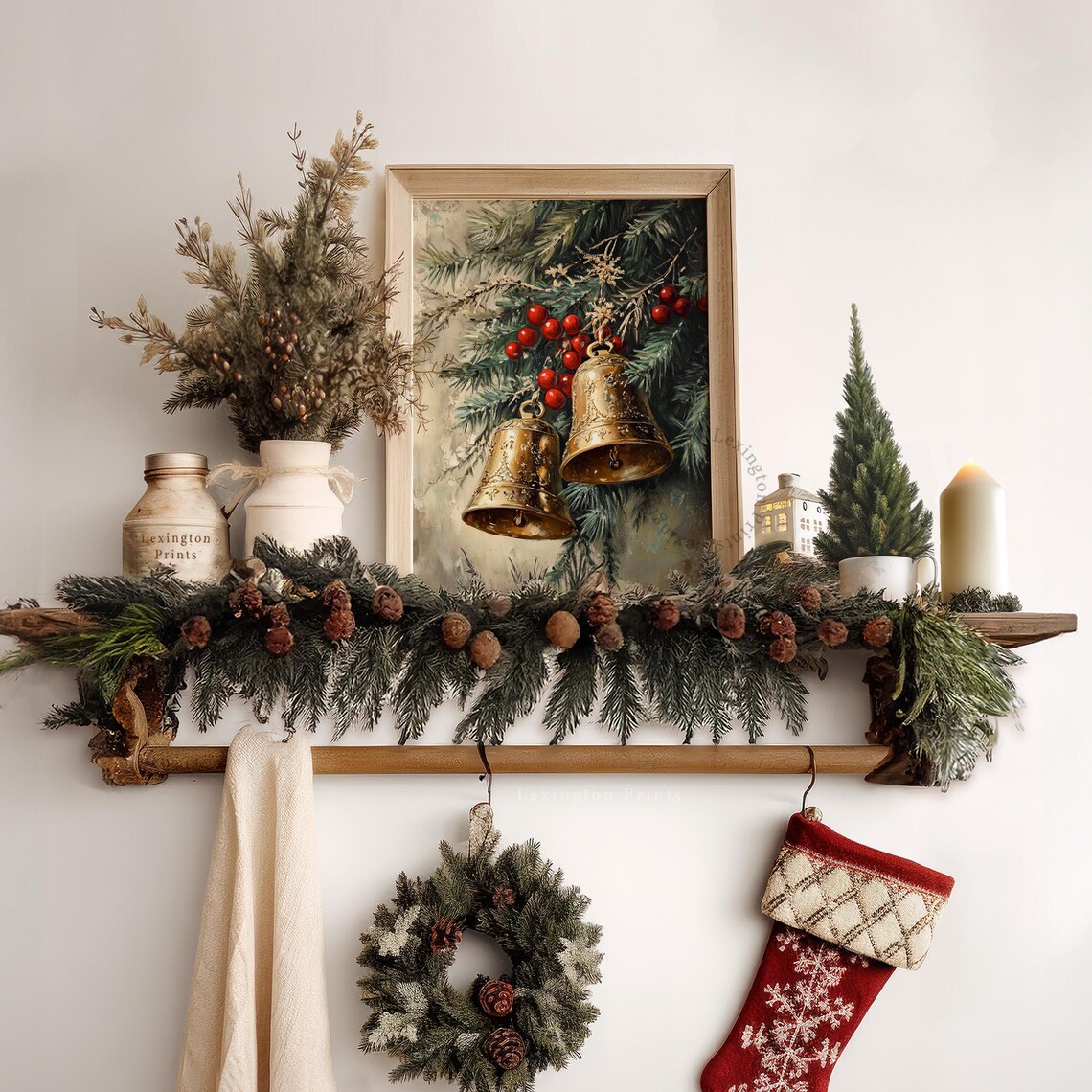 Vintage Gold Christmas Bells Pine Branches Red Berries Holiday Poster - Image 7