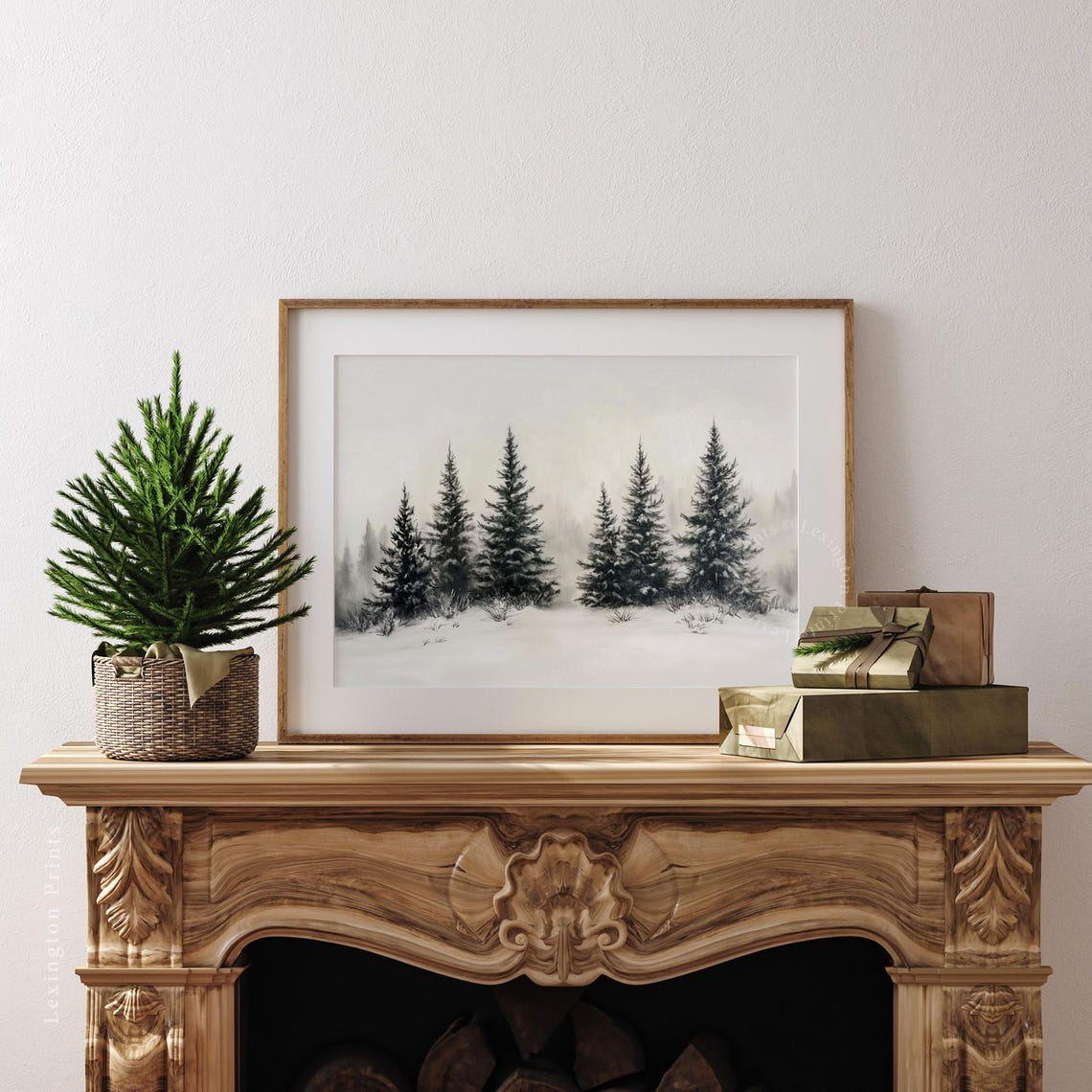 Dark Pine Trees in Falling Snow Neutral Minimalist Winter Poster - Image 2