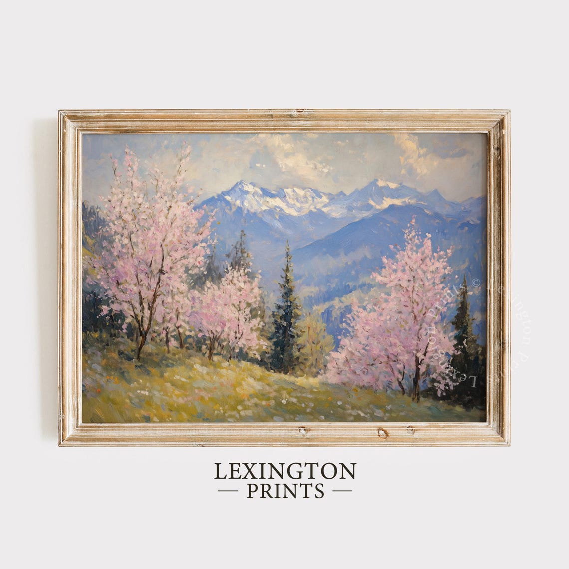 Pink Cherry Blossom Trees with Snowy Mountain Backdrop Wall Art - Image 8