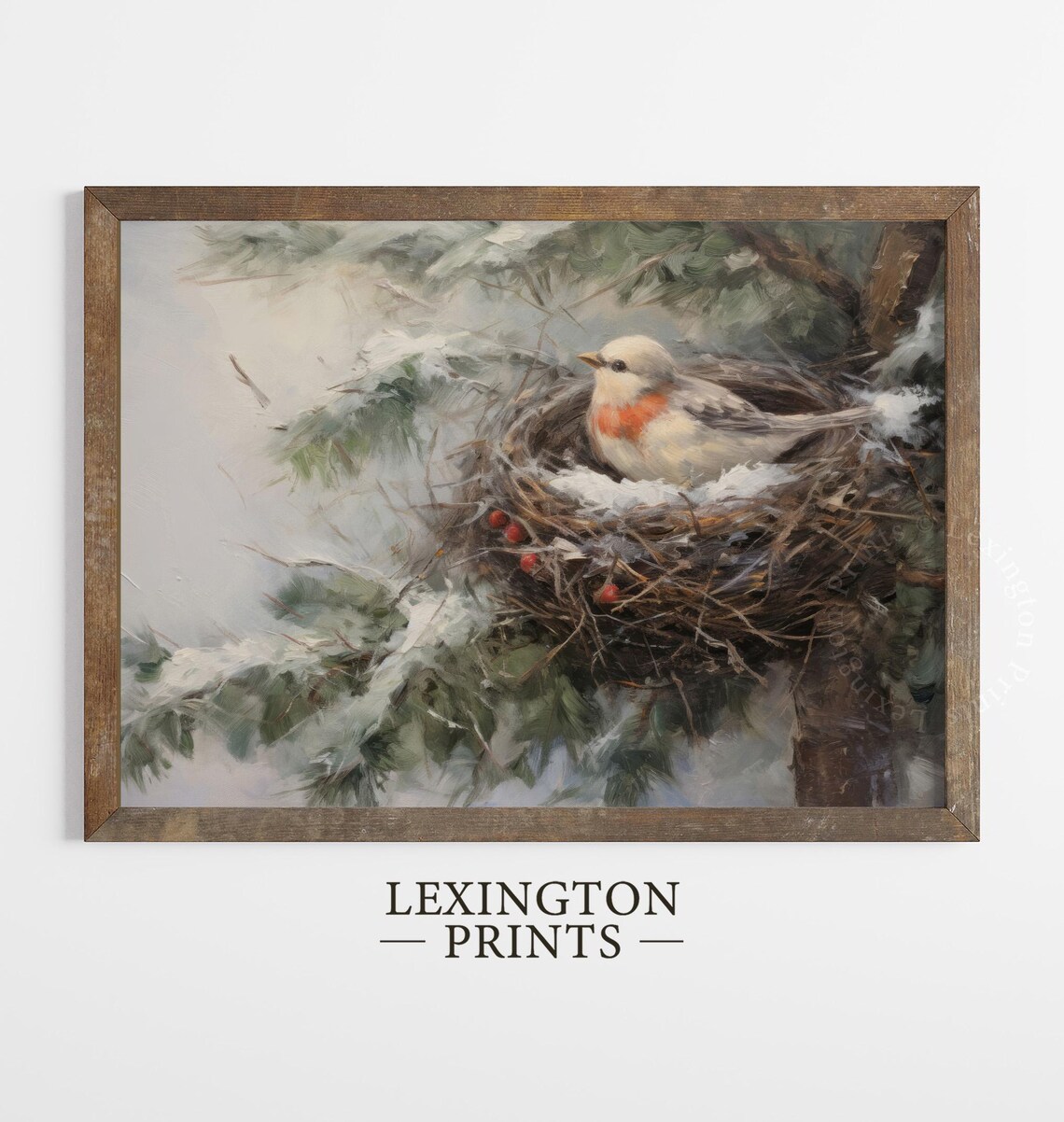 Small Bird in Snowy Nest on Pine Branch Winter Painting Poster - Image 5