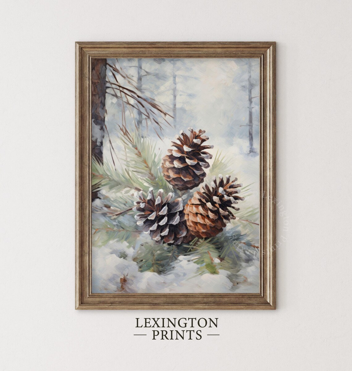 Snow Tipped Pinecones on Frosted Branch Winter Painting Poster - Image 5