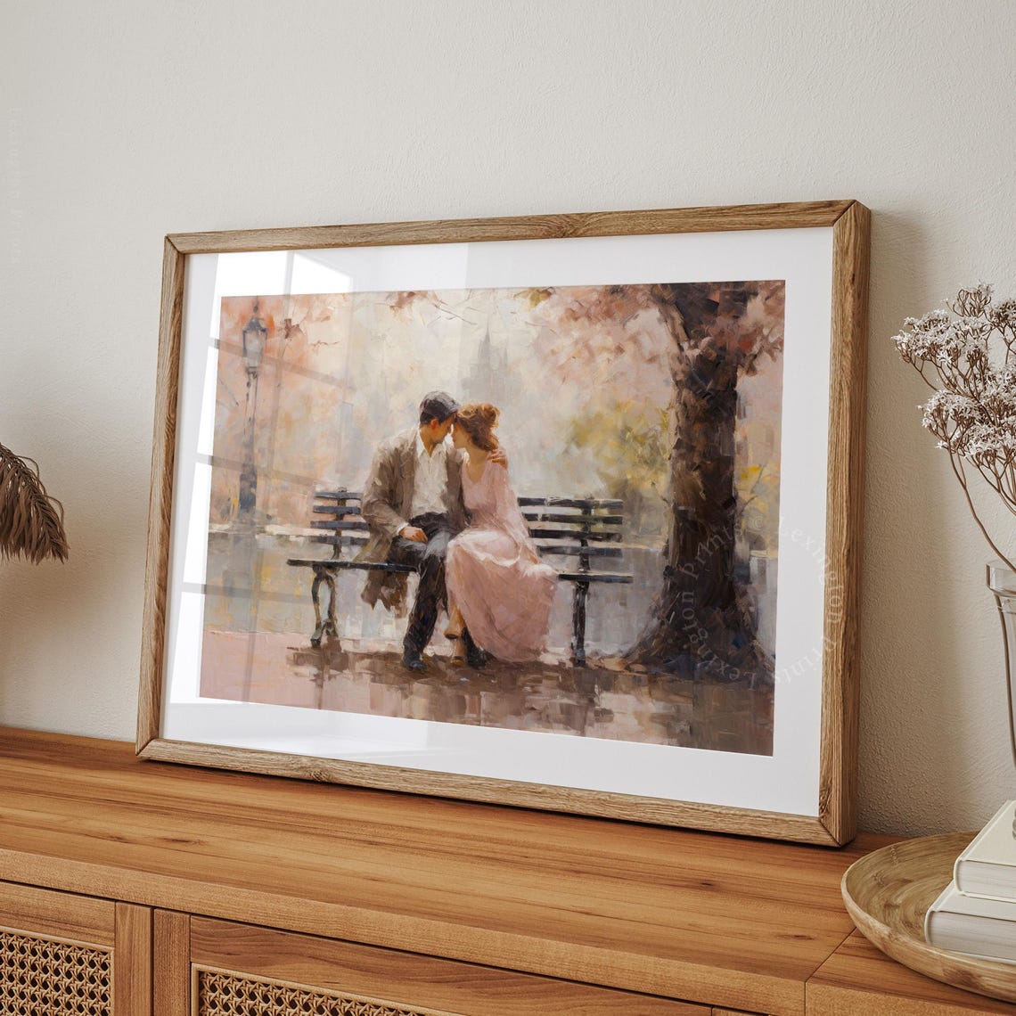 Romantic Couple on Park Bench Under Autumn Tree Watercolor Art Print - Image 7