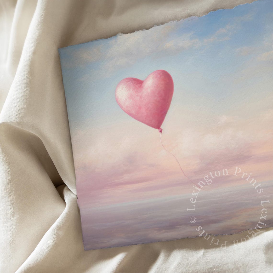 Pink Heart Balloon Floating in Pastel Sky Romantic Valentine Wall Art - Image 6