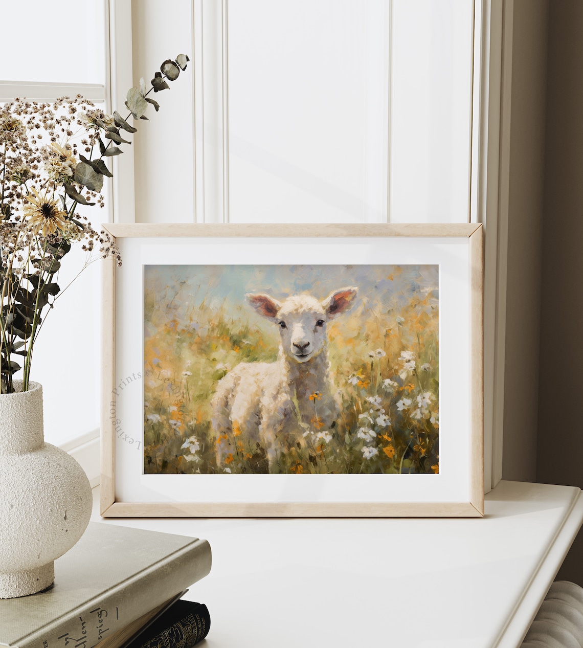 Sweet Lamb in Wildflower Meadow Soft Oil Painting Animal Wall Art - Image 4