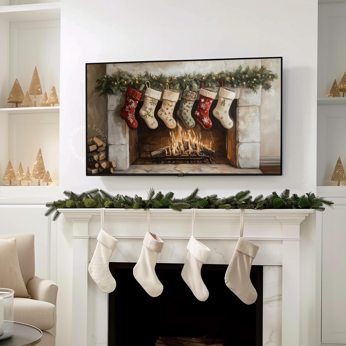 Christmas Stockings on Fireplace Mantel Cozy Holiday Scene Poster - Image 7
