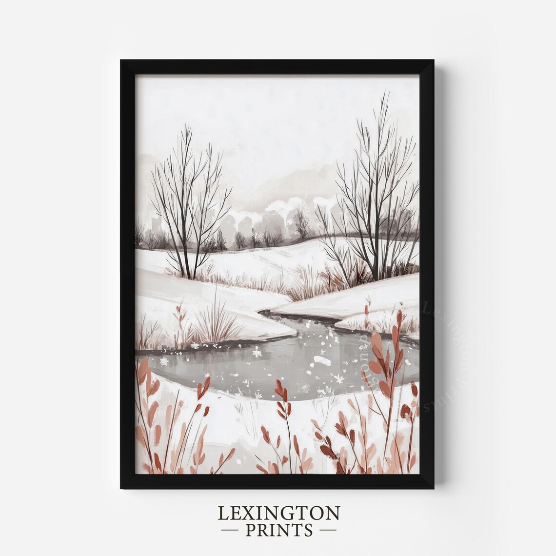 Snowy Winter Stream Bare Trees Watercolor Landscape Painting Poster - Image 5