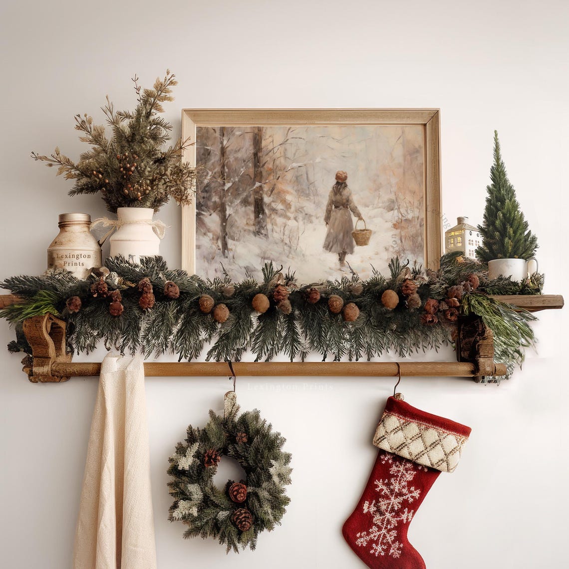 Girl With Basket Walking Snowy Forest Path Winter Scene Art Print - Image 4