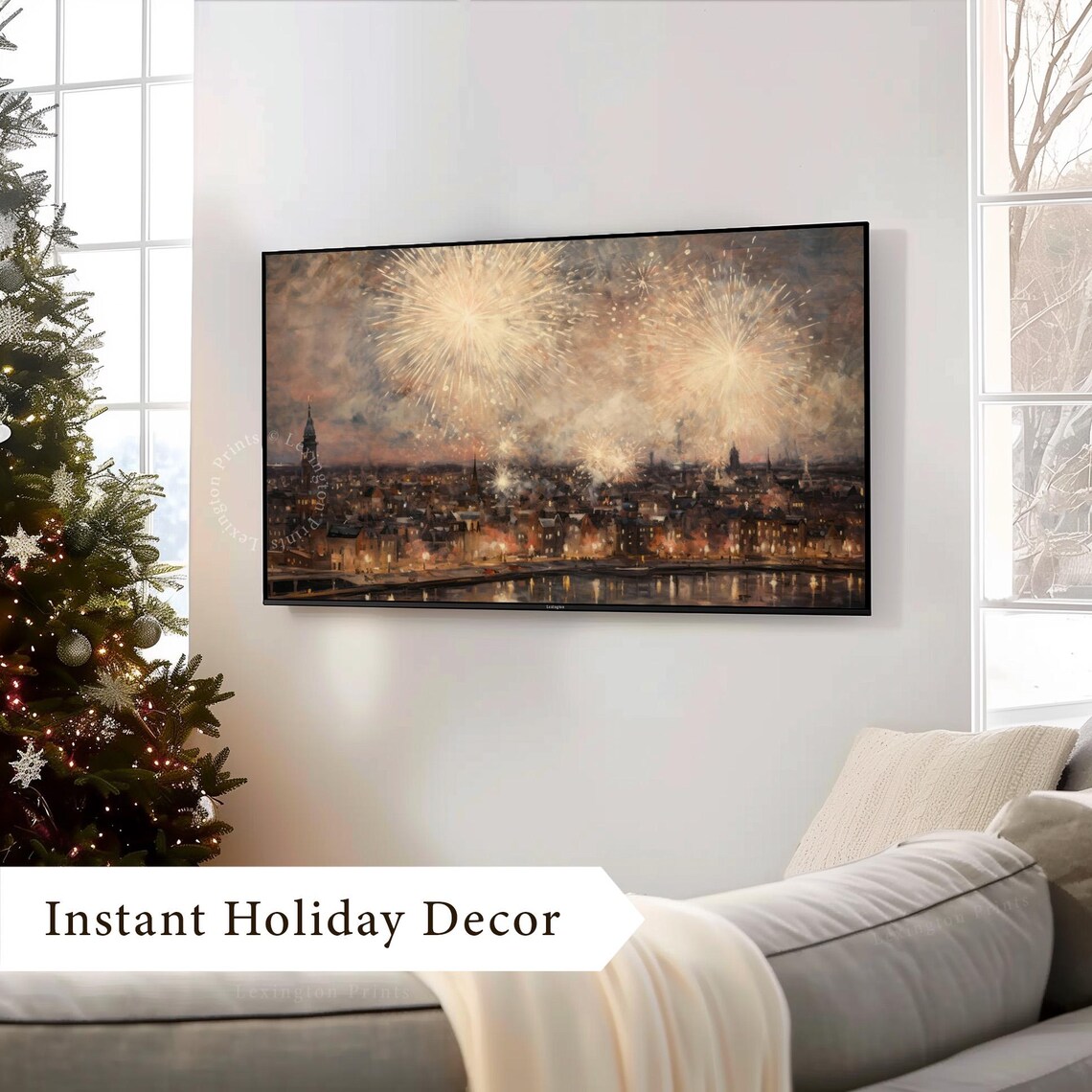 Fireworks Old European City Night River Reflections Painting Poster - Image 8