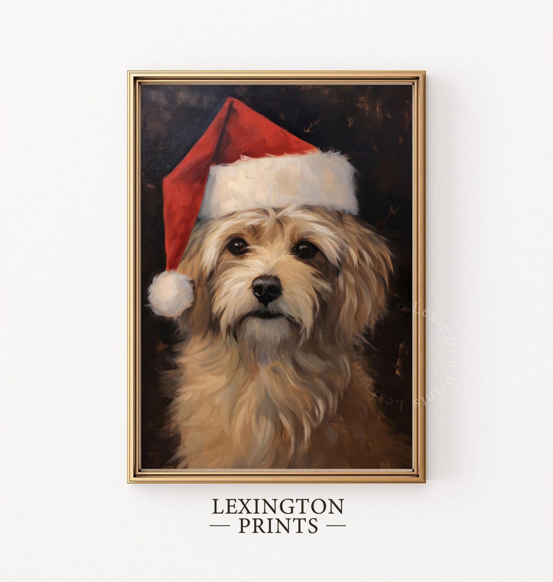 Adorable Fluffy Cream Dog Wearing Red Santa Hat Portrait Poster - Image 5