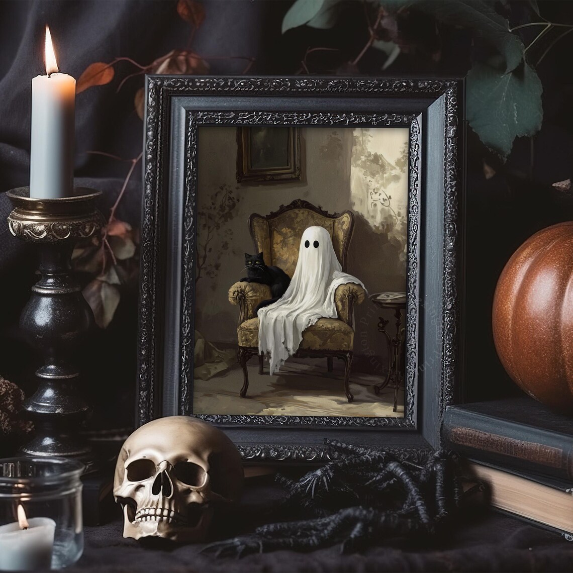 Ghost Sitting in Antique Armchair with Black Cat Moody Halloween Poster - Image 5
