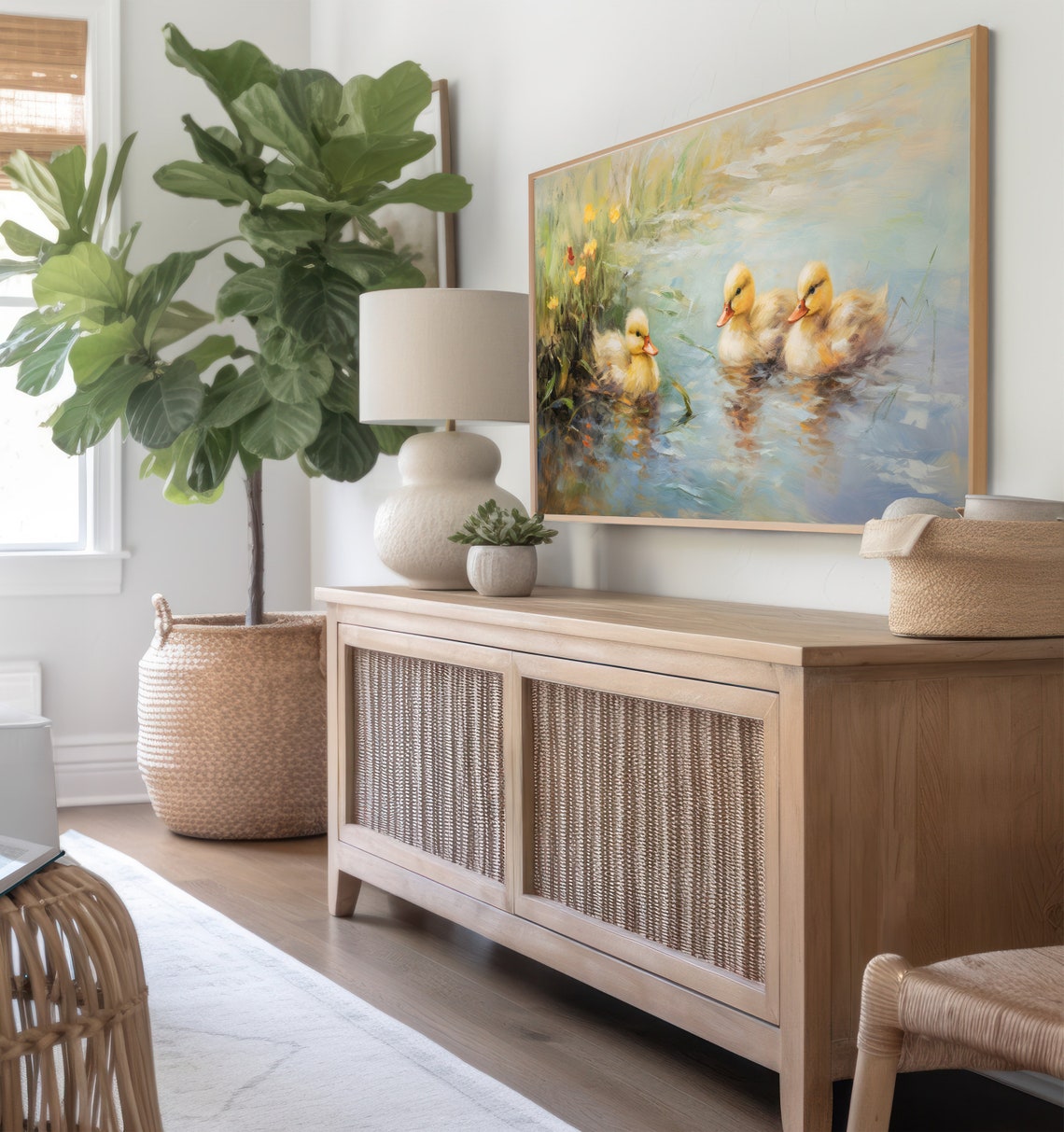 Three Ducklings Swimming in a Sunlit Pond Spring Painting Poster - Image 7