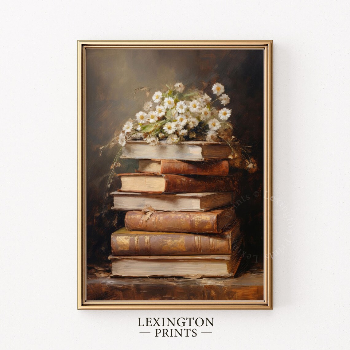 Vintage Stack of Books and White Daisy Bouquet Still Life Poster - Image 4