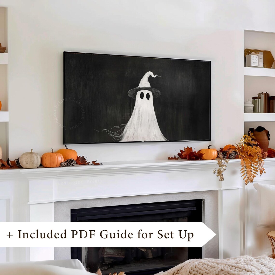 Cute Ghost Wearing Witch Hat Black Background Minimal Halloween Frame TV Art Poster - Image 8