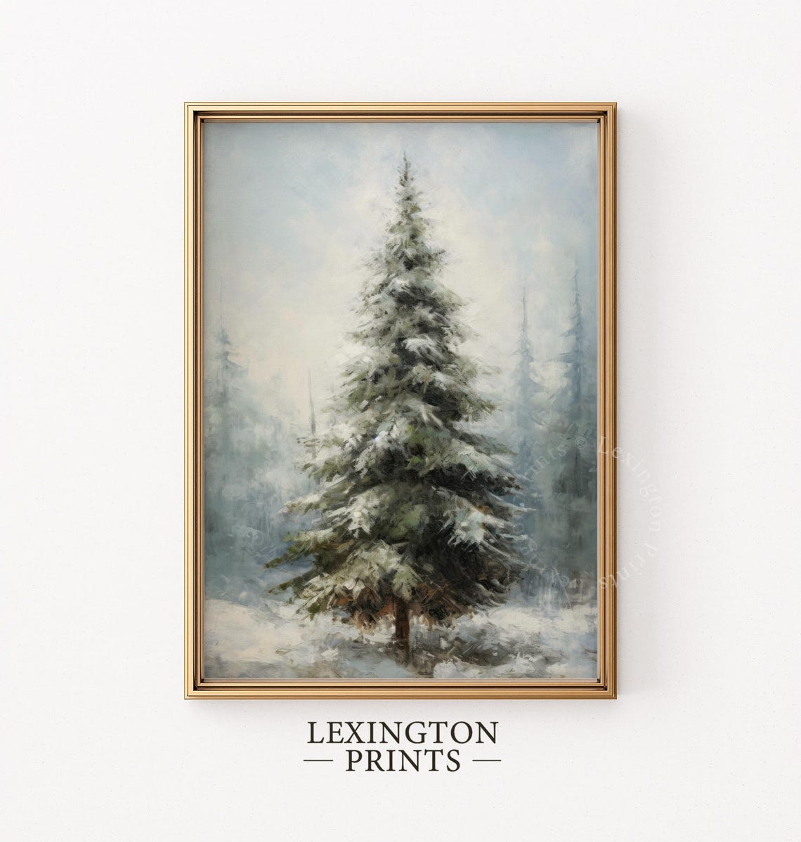 Snowy Pine Tree Winter Forest Foggy Landscape Vintage Painting Poster - Image 2