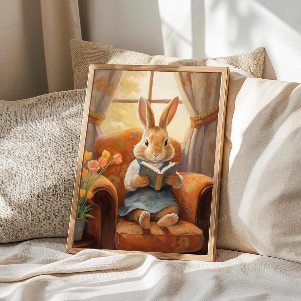Easter Bunny Reading Book in Armchair with Tulips Vintage Wall Art - Image 8