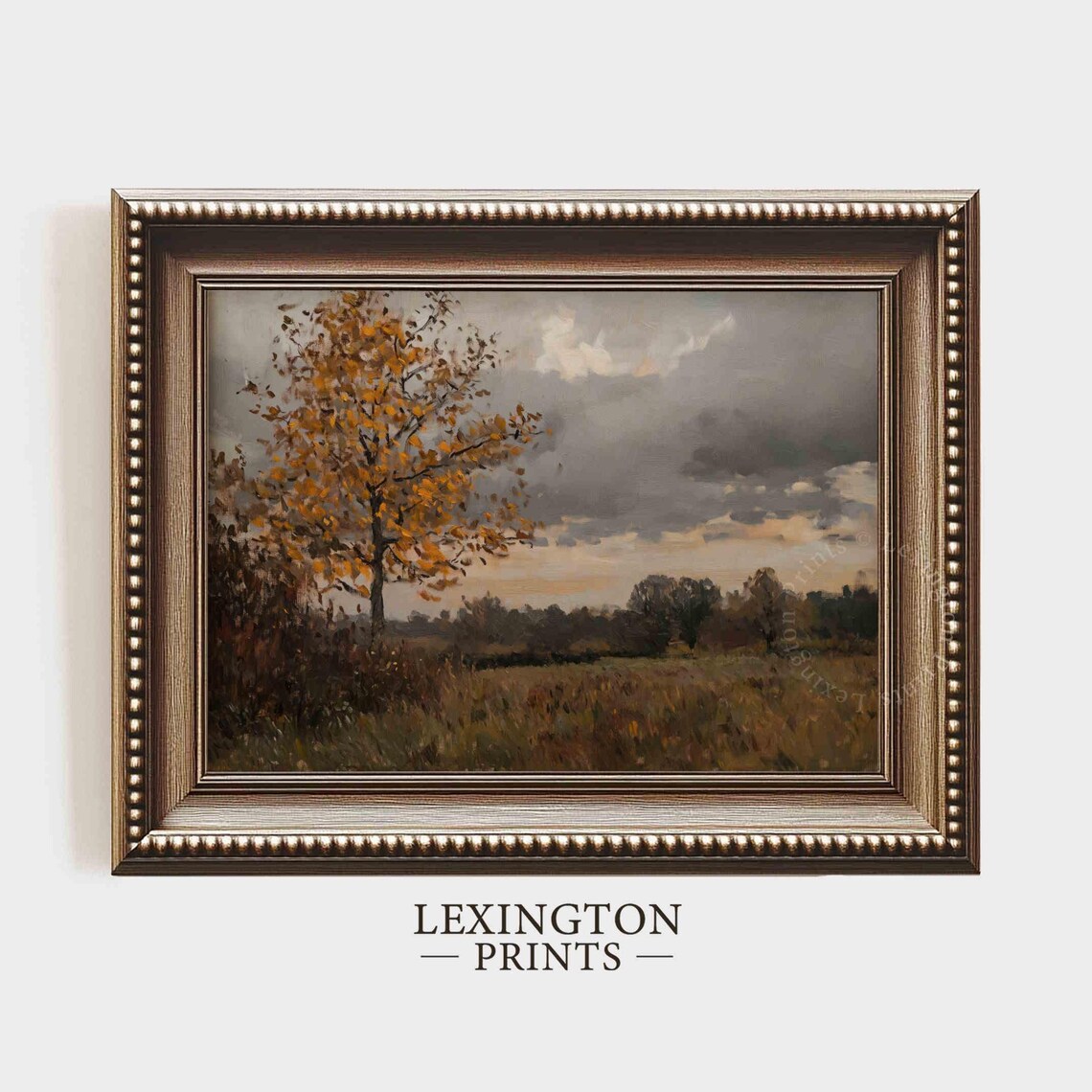Golden Autumn Tree in Open Field Cloudy Sky Oil Painting Poster - Image 5